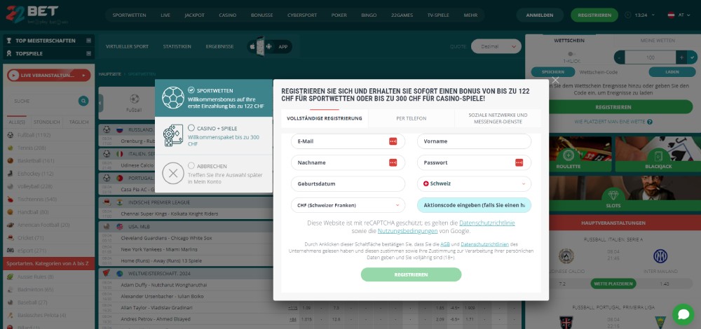 22Bet registrierung