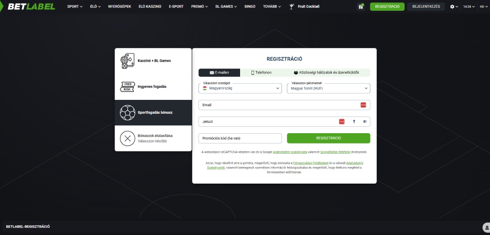 BetLabel regisztráció