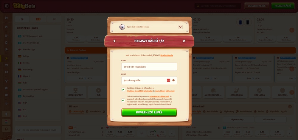 BillyBets regisztráció