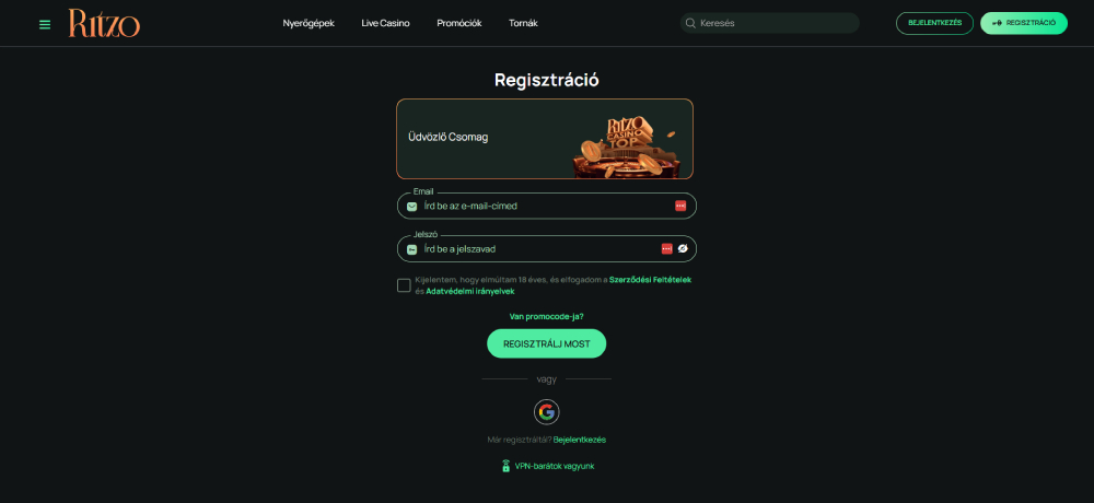 Ritzo Casino regisztráció