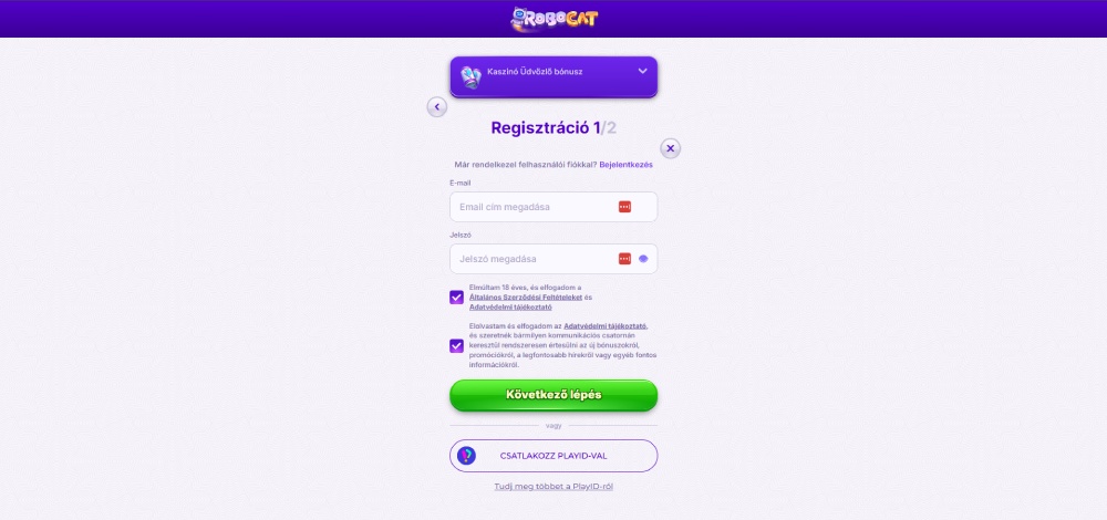 RoboCat Casino regisztráció